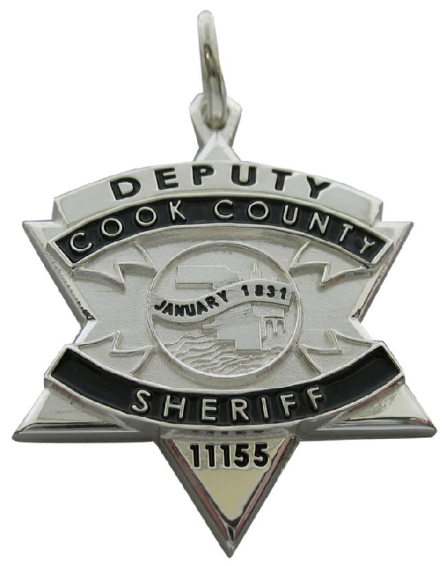 Custom Cook County, Illinois Sheriff's Deputy badge pendant in sterling silver with standing letter panels and black enamel.