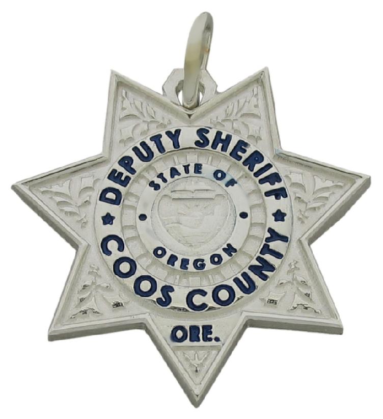 Custom Coos County (OR) Sheriff Deputy badge pendant in sterling silver with black enamel text.