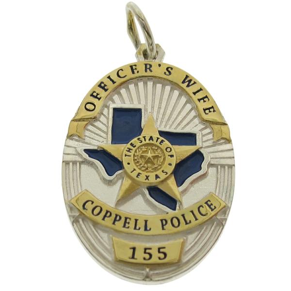 Custom Coppell TX Police Officer badge pendant in sterling silver with gold plated two tone highlights and blue enamel background and text.