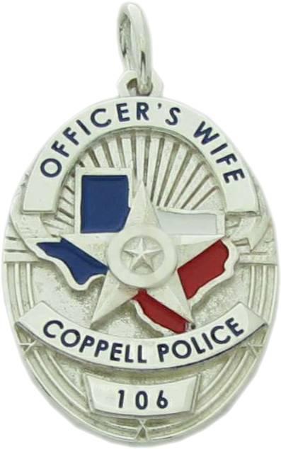 Custom Coppell, Texas Police Officer badge pendant in sterling silver with optional enamel.