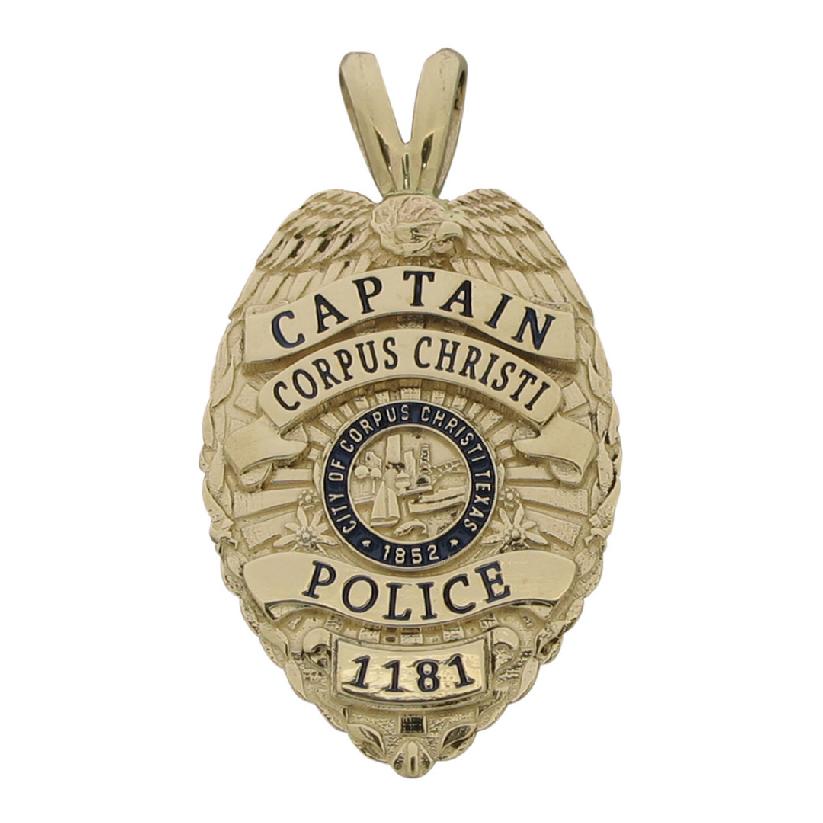 Custom Corpus Christi TX Police Captain badge pendant in 10k yellow gold with an optional 'Y' bail and enamel text.