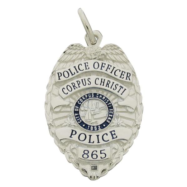 Custom Corpus Christi TX Police Officer badge pendant in sterling silver with blue enamel.
