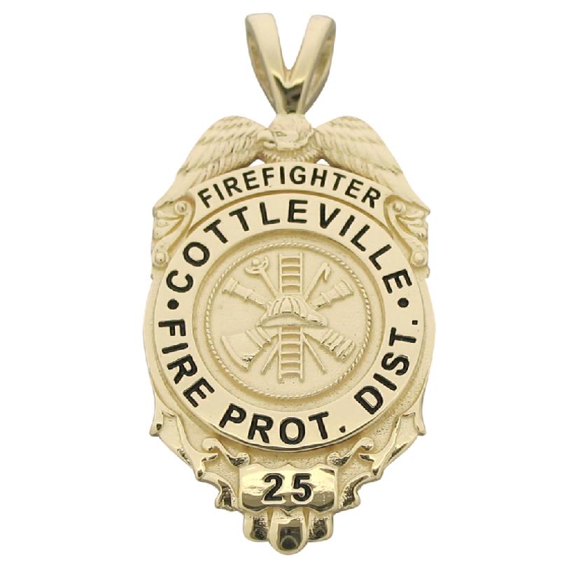 Custom Cottlesville MO Fire Protection District Firefighter badge pendant in 14k yellow gold with black enamel.