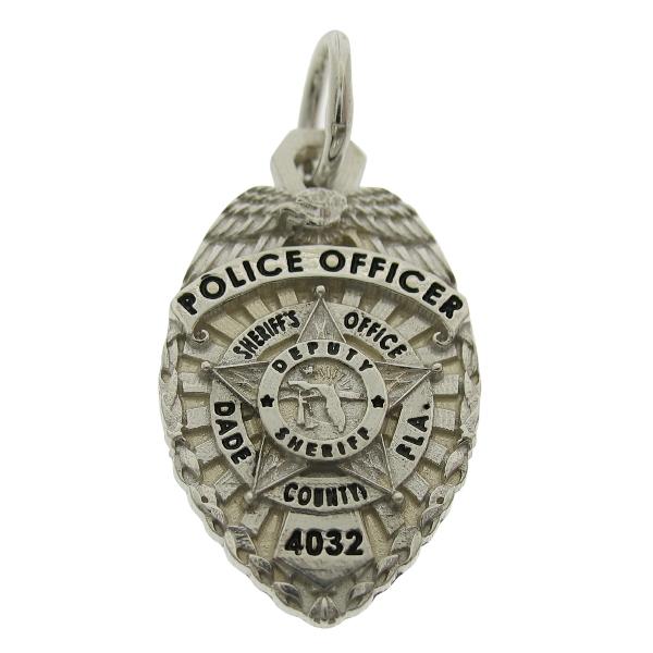 Custom Dade County FL Sheriff's Office Police Officer badge pendant in 14k white gold with black enamel.