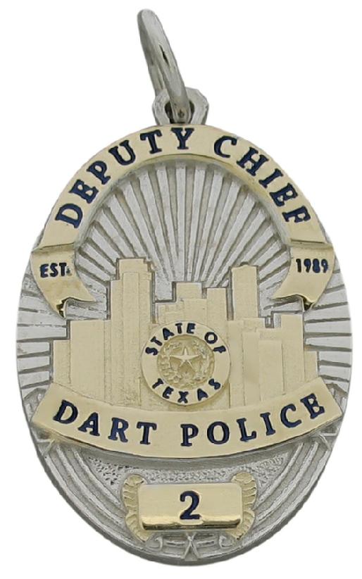 Custom Dallas Area Rapid Transit DART Deputy Chief of Police badge pendant in 10k yellow gold with rhodium plated highlights and black enamel text.