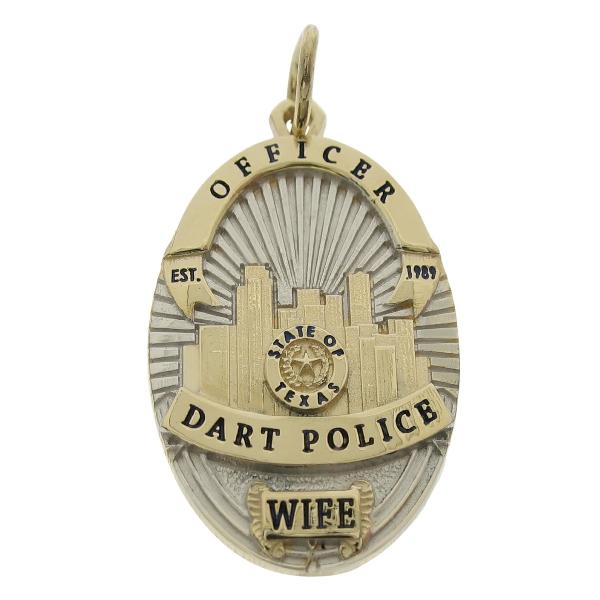 Custom Dallas Area Rapid Transit (DART) Police Officer badge pendant in 14k gold with a two tone finish and black enamel.