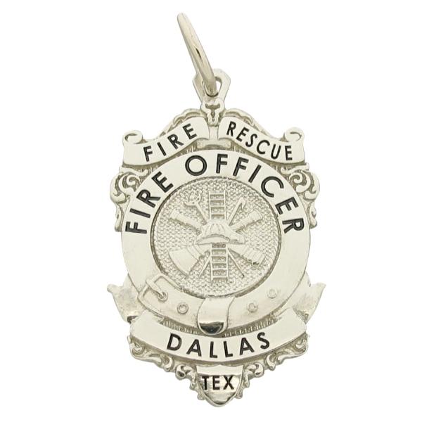 Custom Dallas (TX) Fire Rescue Fire Officer's badge pendant in 10k white gold with black enamel.