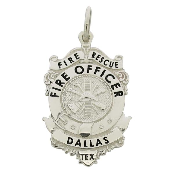 Custom Dallas TX Fire Rescue badge pendant in sterling silver with black enamel.