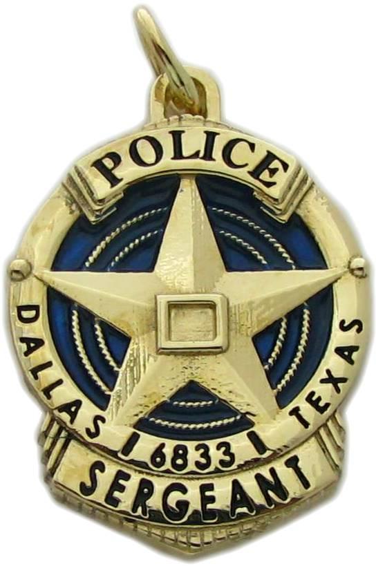 Dallas, Texas TX Police Sergeant custom badge pendant in 10k yellow gold with blue background color