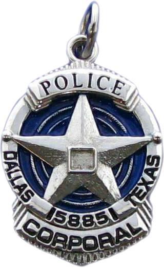 Dallas, Texas TX Police Corporal custom badge pendant in sterling silver with blue background highlights