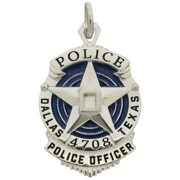 Custom Dallas TX Police Officer badge pendant in sterling silver with blue and black enamel.