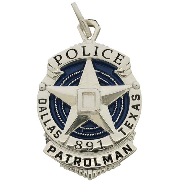 Custom Dallas TX Police Patrolman badge pendant in sterling silver with blue and black enamel.