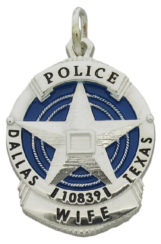 Custom Dallas (TX) Police Officer's Wife badge pendant in sterling silver with blue and black enamel.