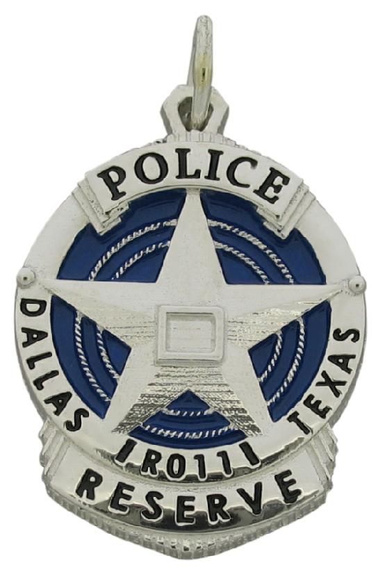 Custom Dallas (TX) Police Officer memorial badge pendant in sterling silver with blue and black enamel.