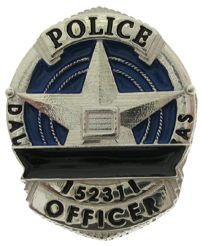 Custom Dallas TX Police Officer memorial badge pin with black enamel text and mourning ribbon and blue enamel background.