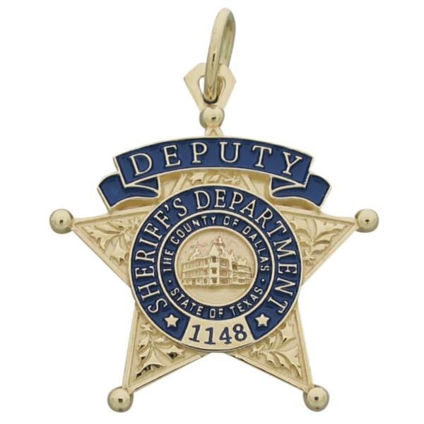 Custom Dallas County TX Sheriff Deputy badge pendant in 10k yellow gold with blue enamel.