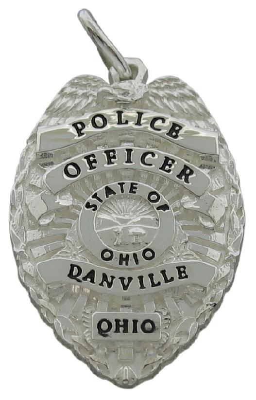 Custom Danville, Ohio Police Officer memorial badge pendant in sterling silver with black enamel.