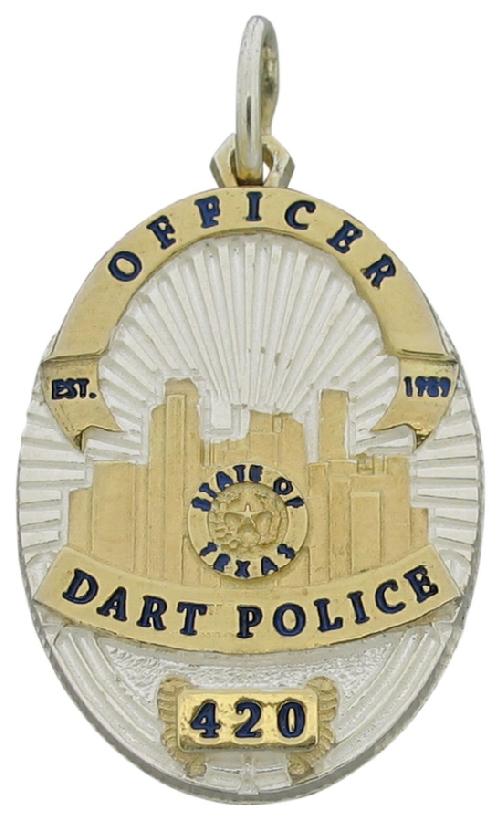 Custom Dallas Area Rapid Transit Police Officer memorial badge pendant in sterling silver with gold plated ribbon and detail. Enamel text.