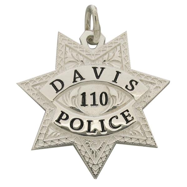 Custom Davis CA Police Officer badge pendant in sterling silver with black enamel.