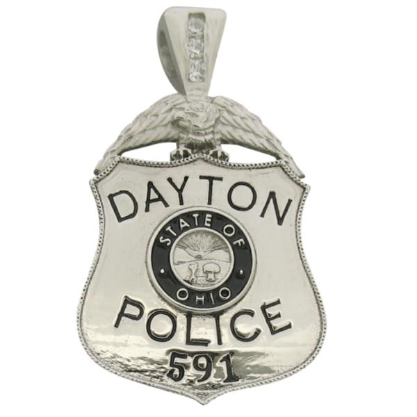 Custom Dayton OH Police Officer badge pendant in 10k white gold with 3-diamond bail and black enamel.
