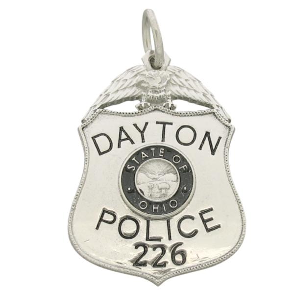 Custom Dayton OH Police Officer badge pendant in 14k white gold with black enamel.