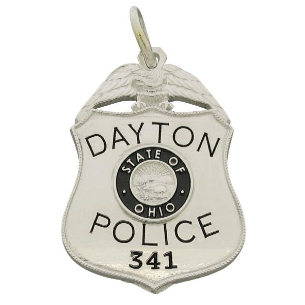 Custom Dayton OH Police Officer badge pendant in sterling silver with black enamel.