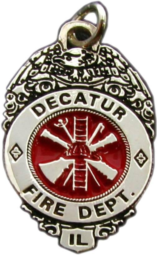 Decatur, Illinois IL Fire Firefighter custom badge pendant in sterling silver with red color filled fire scramble center seal (original 2D design)