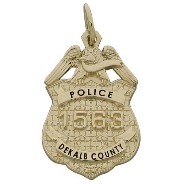 Custom DeKalb County GA Police badge pendant in 14k gold with black enamel.