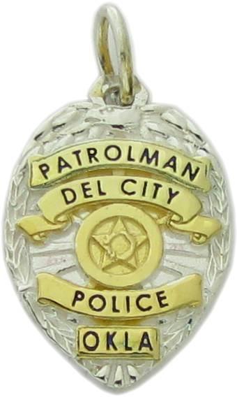 Custom Del City, Oklahoma Police Officer badge pendant in two tone sterling silver.