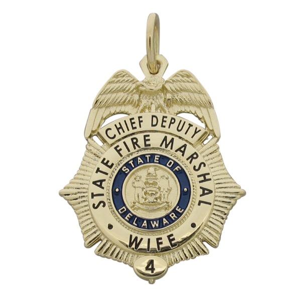 Custom Delaware State Fire Marshal badge pendant in 14k yellow gold with blue and black enamel.