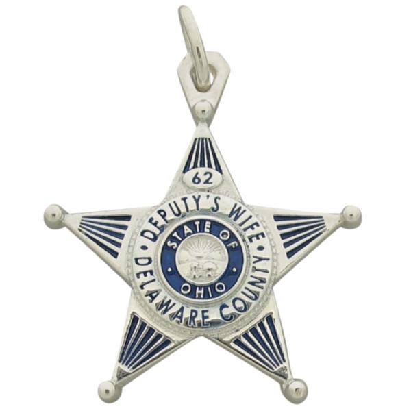 Custom Delaware County OH Sheriff's Deputy badge pendant in sterling silver with blue enamel.