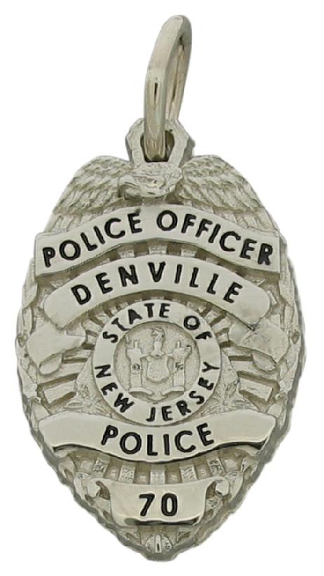 Custom Denville (NJ) Police Officer badge pendant in 10k white gold with black enamel text.