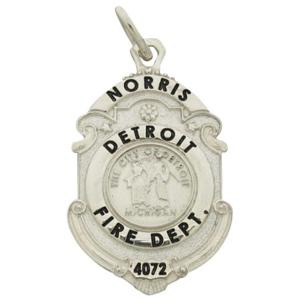 Custom Detroit MI Fire Department badge pendant in sterling silver with black enamel.