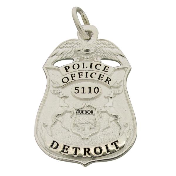 Custom Detroit (MI) Police Officer memorial badge pendant in sterling silver with black enamel.