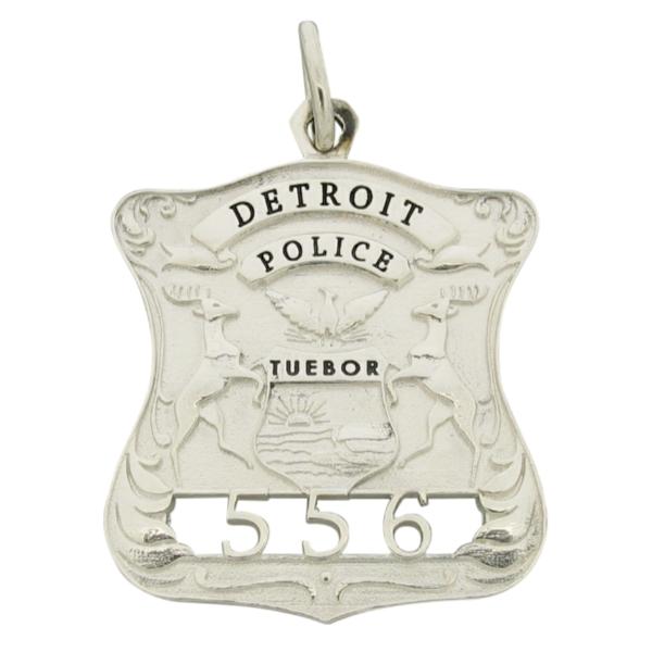 Custom Detroit MI Police Officer memorial badge pendant with black enamel and cutout badge number.