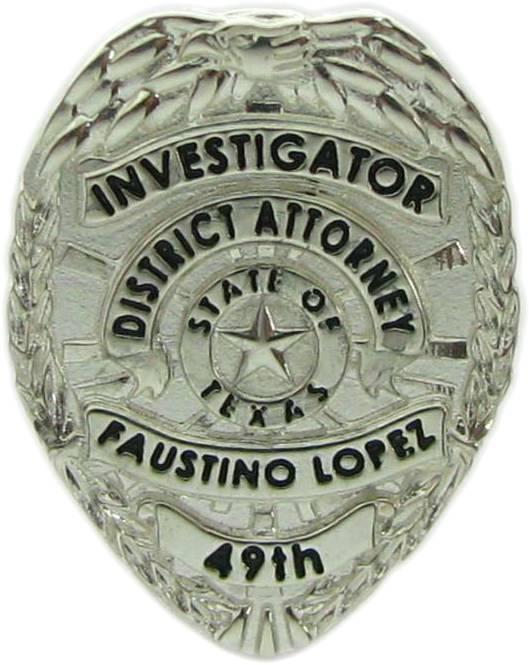 District Attorney Investigator, Texas TX 49th Judicial District, custom badge lapel pin in sterling silver