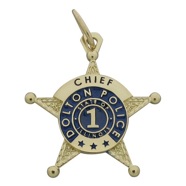 Custom Dolton (IL) Police Chief badge pendant in 10k yellow gold with blue enamel.