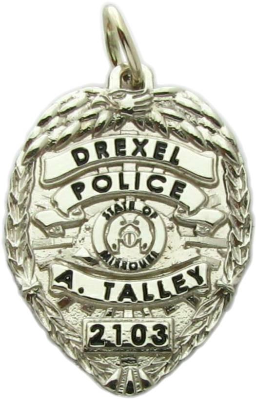 Drexel, Missouri MO Police Officer custom badge pendant in 10k white gold