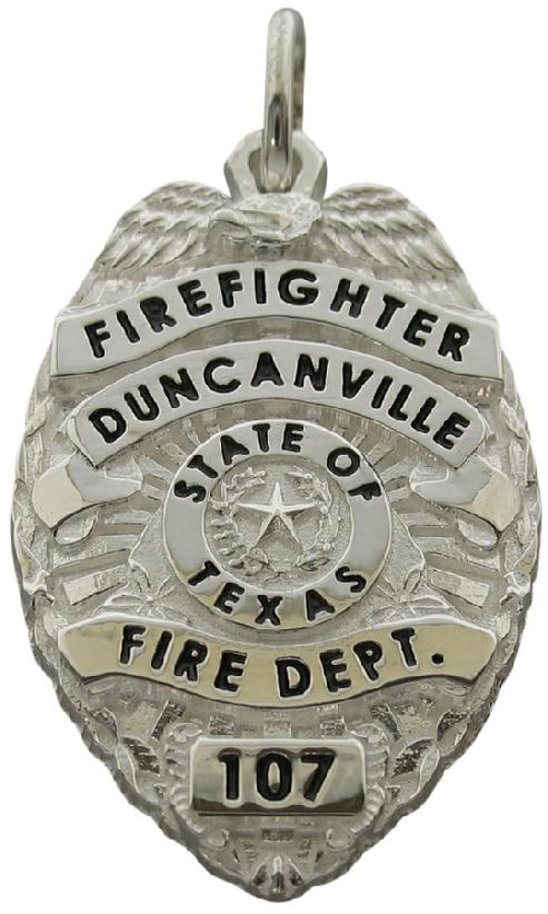 Custom Duncanville, TX Firefighter badge pendant in sterling silver with black enamel text.