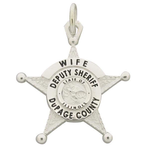 Custom DuPage County IL Sheriff's Deputy badge pendant in sterling silver with black enamel.