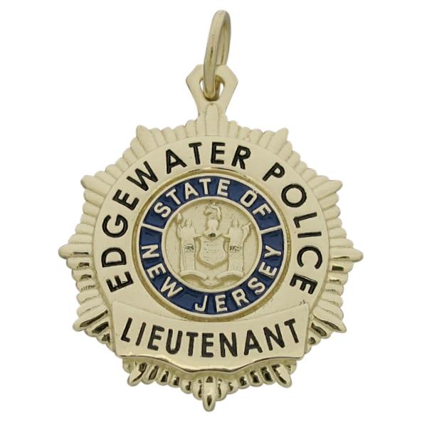 Custom Edgewater NJ Police Lieutenant badge pendant in 14k yellow gold with blue and black enamel.
