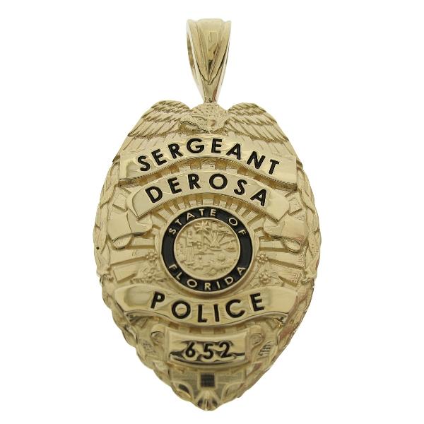 Custom Edgewater FL Police Sergeant badge pendant in 14k yellow gold with black enamel and standing letter seal bezel.