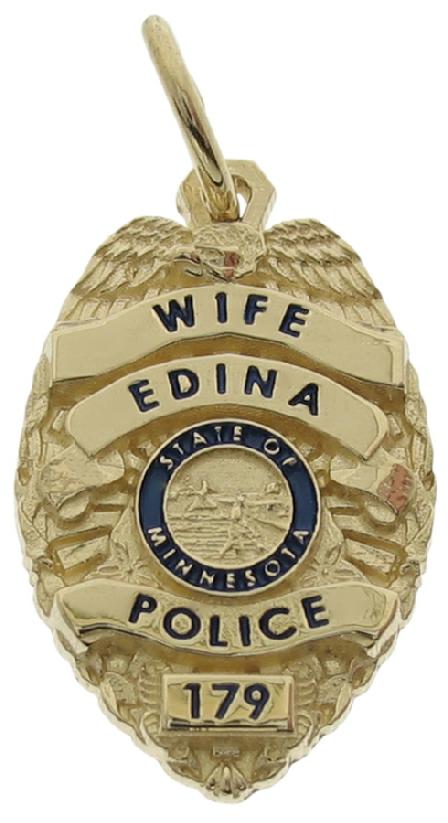 Custom Edina MN Police Officer badge charm in 14k yellow gold with optional standing letter bezel with enamel background and black enamel text.