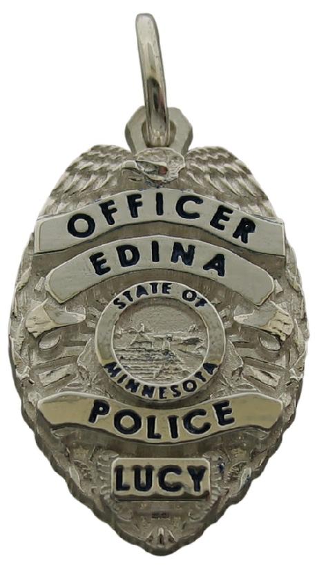 Custom Edina MN Police Officer badge charm in sterling silver with black enamel.