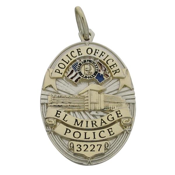 Custom El Mirage (AZ) Police Officer memorial badge pendant in sterling silver with gold plated highlights and red, white, blue, and black enamel.