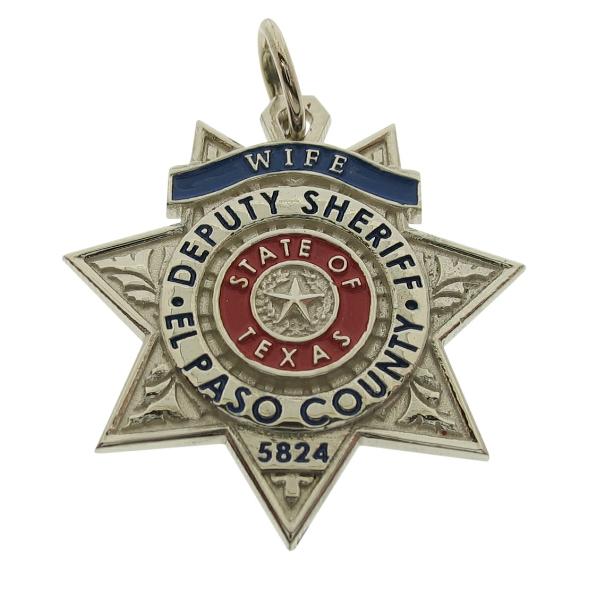 Custom El Paso TX Sheriff's Deputy badge pendant in 10k white gold with black and red enamel.