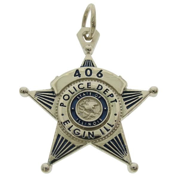 Custom Elgin IL Police Officer badge pendant in 14k white gold with blue enamel.