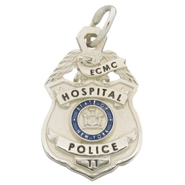 Custom Erie County NY Medical Center Police Officer badge pendant in 18k white gold with black & blue enamel and standing letter center seal bezel.