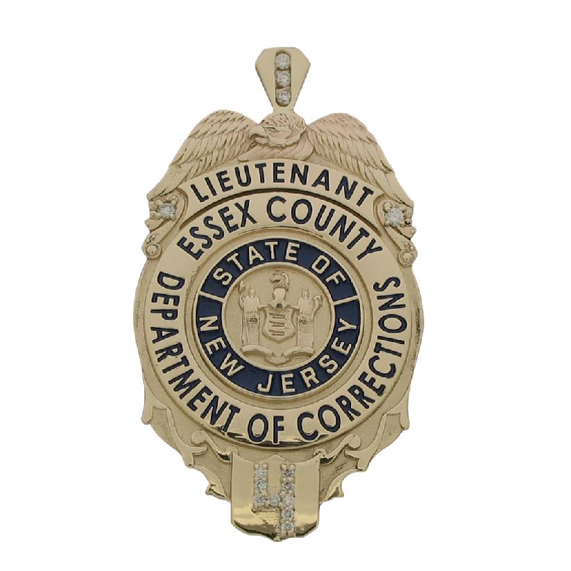 Custom Essex IL Department of Corrections Lieutenant badge pendant in 10k yellow gold with optional 3-diamond bail and diamond number, blue enamel.