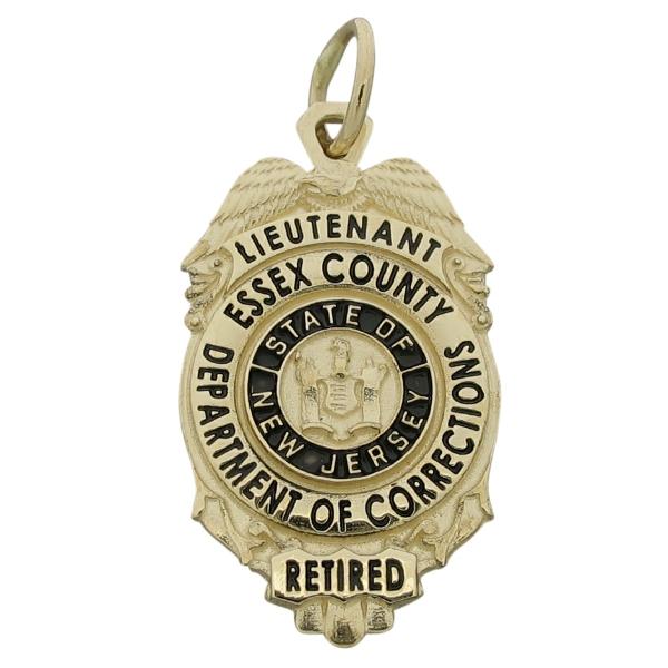 Custom Essex NJ Department of Corrections Lieutenant badge pendant in 10k yellow gold with black enamel.